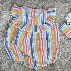 Iris & Ivy Striped Baby Romper with Pom-Pom Trim